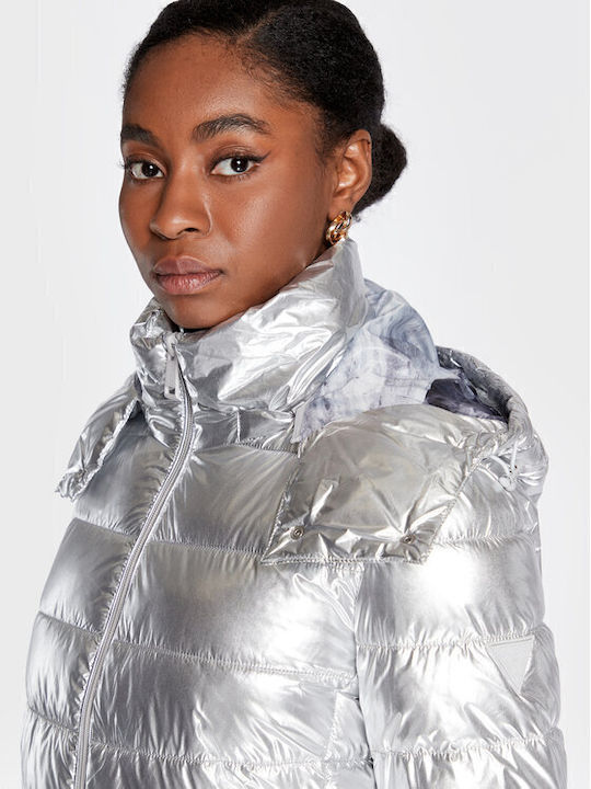 Kurz Damen Puffer Jacke für Winter Silber