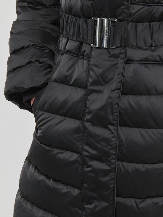 Women's Long Puffer Jacket for Winter with Hood Black