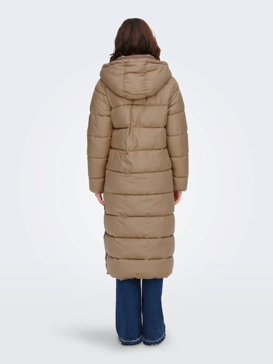 Only Women's Long Puffer Jacket for Winter with Hood Tigers Eye