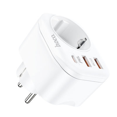 Hoco Ladegerät ohne Kabel mit 2 USB-A Anschlüsse und USB-C Anschluss 20W Stromlieferung / Schnellaufladung 3.0 Weißs (NS3)