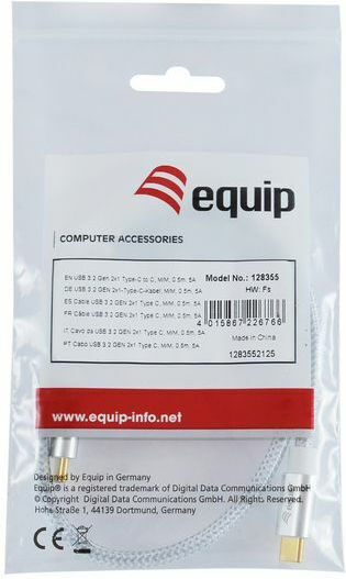 Equip 128355 Braided USB 3.2 Video Cable USB-C male - USB-C 100W PD Λευκό 0.5m 128355