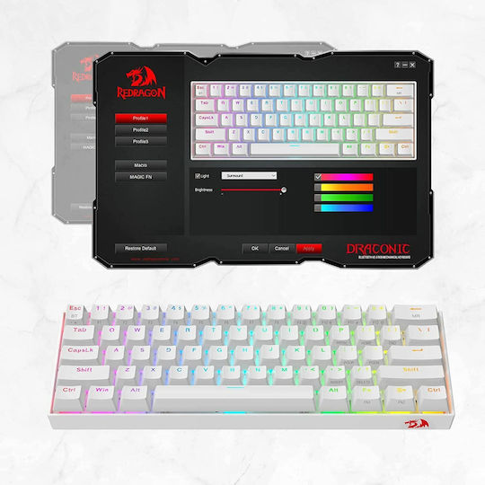 Redragon K530 Draconic Pro Ασύρματο Gaming Μηχανικό Πληκτρολόγιο 60% με Custom Brown διακόπτες και RGB φωτισμό (Αγγλικό US) Λευκό