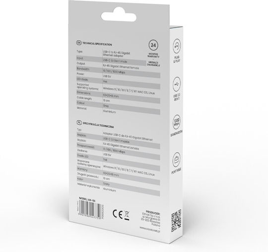Savio AK-56 Αντάπτορας Δικτύου USB-C με Ενσύρματη Σύνδεση Gigabit Ethernet