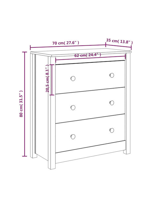 Chest of Drawers of Solid Wood with 3 Drawers White 70x35x80cm