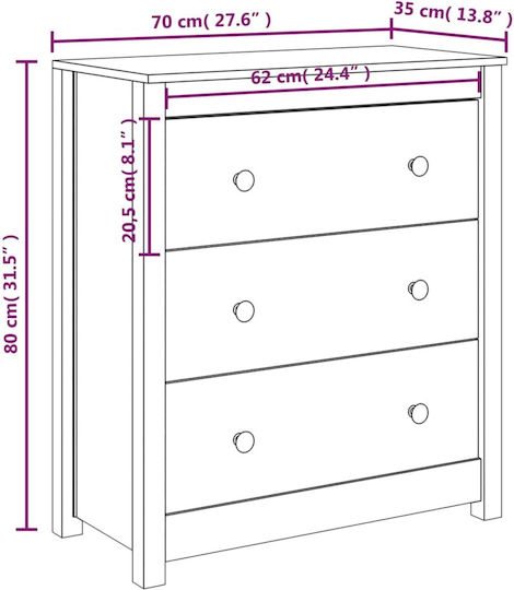 Chest of Drawers of Solid Wood with 3 Drawers White 70x35x80cm