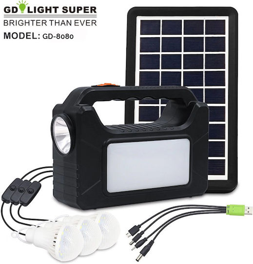 GDLite GD-8080 Solar Lighting System with Flash Light 3 Lamps and USB Charger