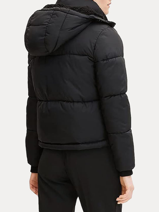 Arctic Women's Short Puffer Jacket for Winter with Detachable Hood Black