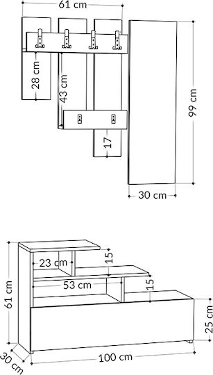 Vesty Eingangsmöbel mit Spiegel / Garderobe & Schuhschrank 100x30x61cm