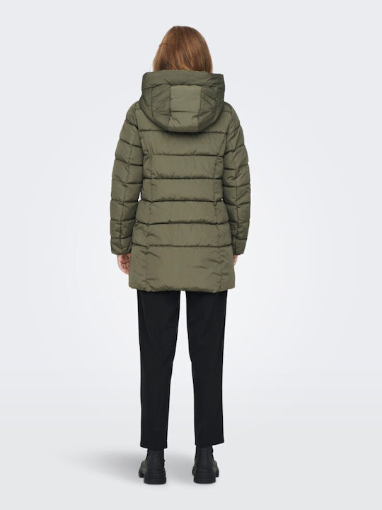 Only Women's Long Puffer Jacket for Winter with Hood Khaki