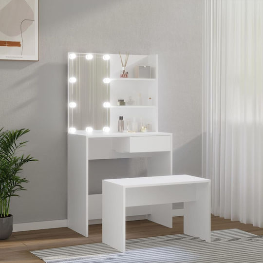 Floor-standing Makeup Dressing Table Bedroom Wooden White with Mirror and Stool 74.5x40x141cm