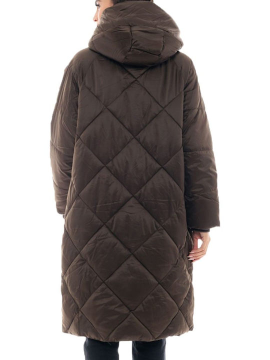 Splendid Women's Long Puffer Jacket for Winter with Hood Khaki
