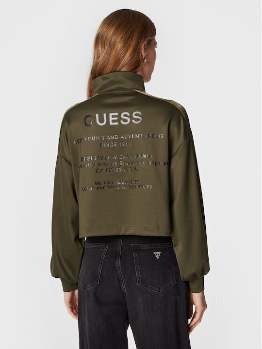 Guess Damen Crop Top Langärmelig mit Reißverschluss Grün