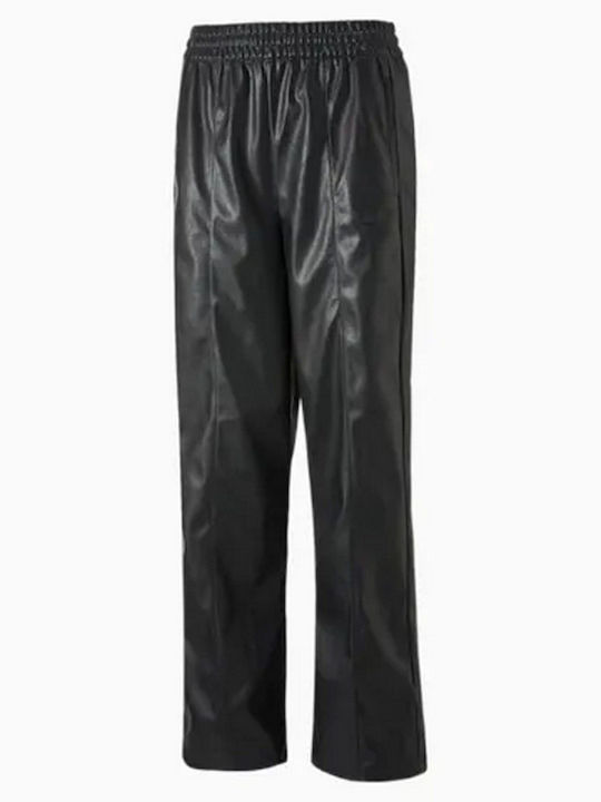 T7 Pantaloni Dama Din Piele Cu Cauciuc În Linie Dreaptă Model Cu Dungi Negru