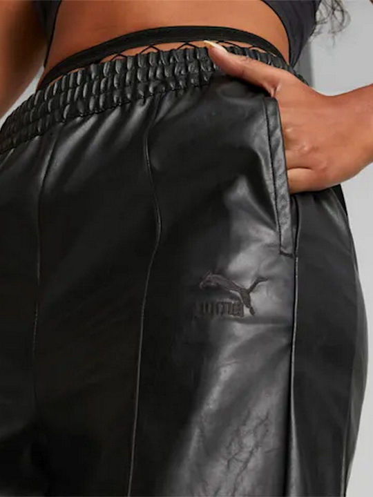 T7 Pantaloni Dama Din Piele Cu Cauciuc În Linie Dreaptă Model Cu Dungi Negru
