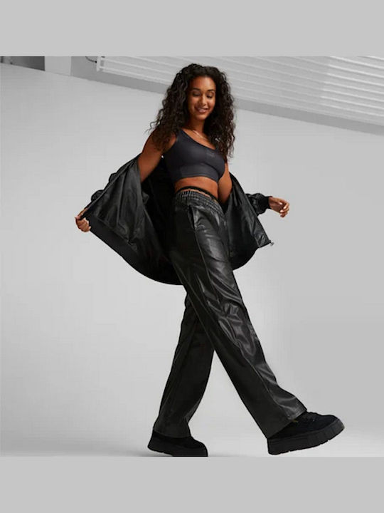 T7 Pantaloni Dama Din Piele Cu Cauciuc În Linie Dreaptă Model Cu Dungi Negru