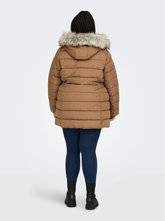 Only Lang Damen Puffer Jacke mit pelziger Kapuze für Winter Braun