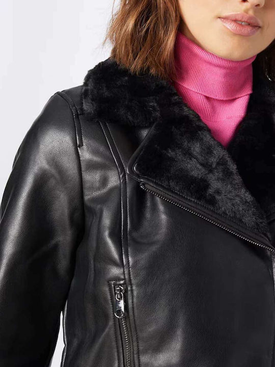 Γυναικείο Biker Jacket με Επένδυση Γούνας Total Black