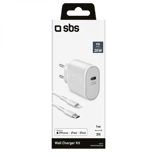 SBS Handyladegerät mit USB-C Ausgangsanschluss und Kabel USB-C - Lightning 20W Stromlieferung Weiß