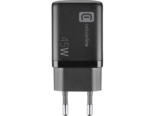 Cellular Line Φορτιστής Χωρίς Καλώδιο GaN με Θύρα USB-A και Θύρα USB-C 45W Power Delivery Μαύρος (ACHUSBGAN2PD45WK)