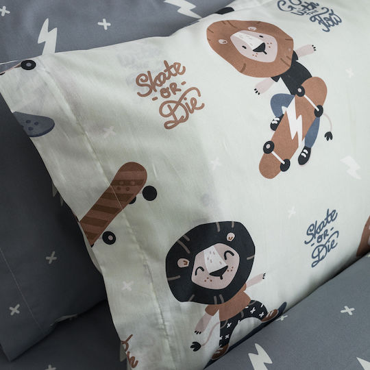 Vesta Home Lion Set Kids Duvet Cover Single With Cotton Pillowcase Gray And Silver 170x240cm