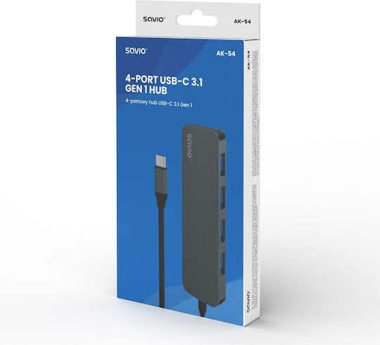 Savio USB-Hub mit 4 Anschlüssen USB 3.1 mit USB-C Verbindung Grau