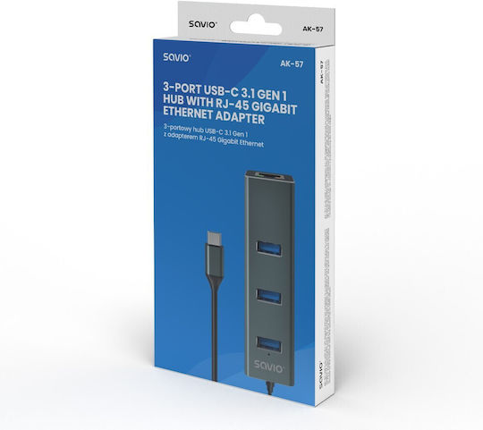 Savio AK-57 Hub 3 Anschlüsse USB 3.1 mit USB-C Anschluss Ethernet Grau