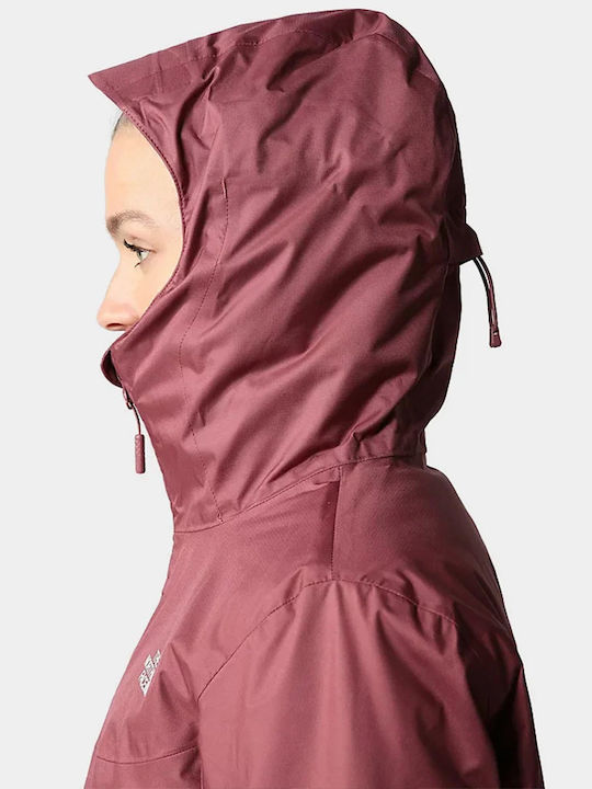 Women's for Hiking Short Sports Jacket Waterproof and Windproof for Spring or Autumn with Hood Burgundy