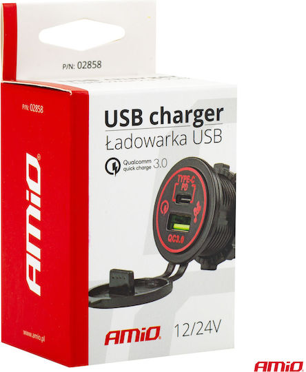 AMiO Зарядно за кола Бързо Зареждане с Портове: 1xUSB 1xType-C