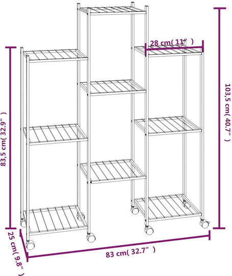 vidaXL Plant Stand Metal Black with Wheels 83cmx25cmx103.5cmcm.