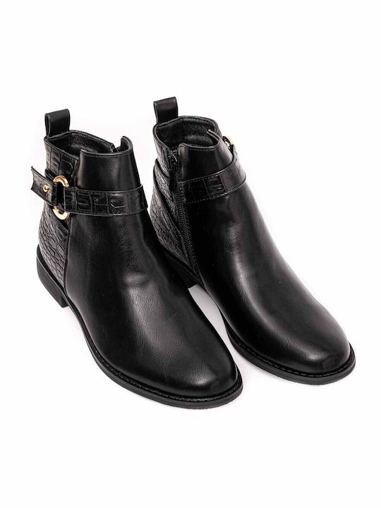 Black flat ankle boot leather boots with crocodile and anthracite decorative POLITIS