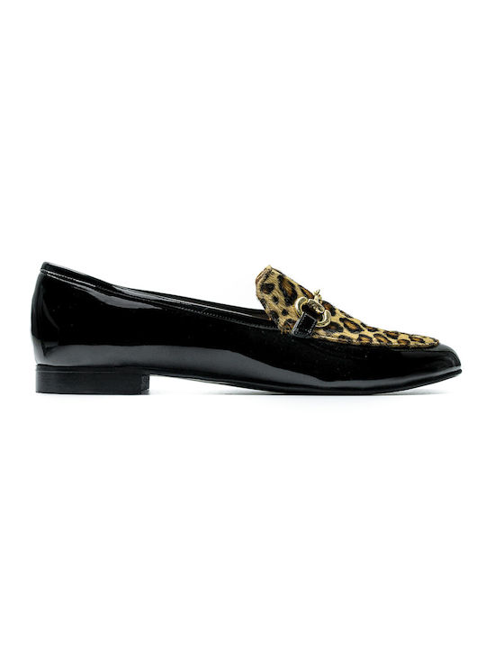 Black patent patent leather moccasin with leopard pony skin and gold chain POLITIS