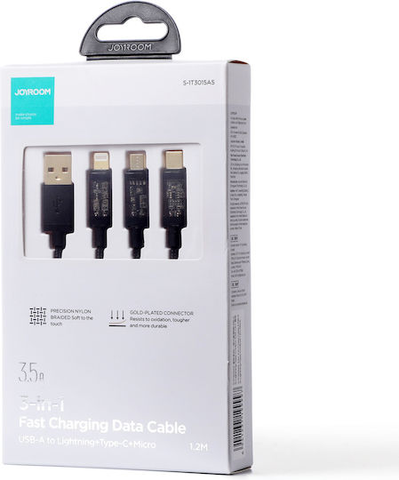 Joyroom S-1T3015A5 Geflochten USB zu Blitzschlag / Typ-C,TC-TC / Micro-USB Kabel 3.5A Schwarz 1.2m