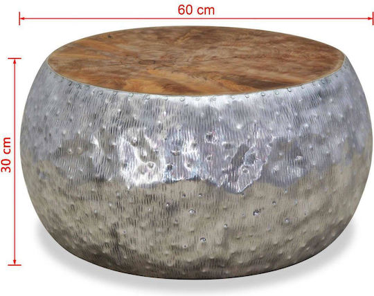 vidaXL Round Central Coffee Table Made of Solid Wood Silver and Brown 60x60x30 cm