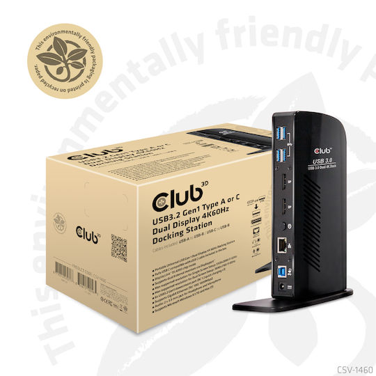 Club3D USB-A / USB-C Docking Station with DisplayPort 4K PD Ethernet and Support for 2 Monitors Black (CSV-1460)