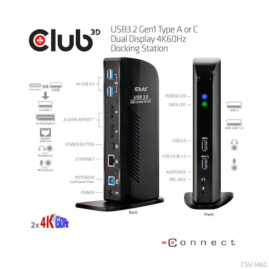 Club3D USB-A / USB-C Docking Station with DisplayPort 4K PD Ethernet and Support for 2 Monitors Black (CSV-1460)