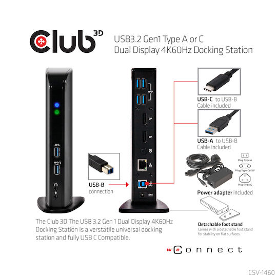 Club3D USB-A / USB-C Docking Station with DisplayPort 4K PD Ethernet and Support for 2 Monitors Black (CSV-1460)