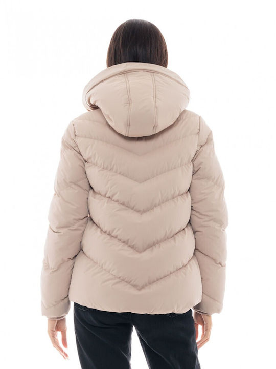 Splendid Women's Short Puffer Jacket for Winter with Hood Beige