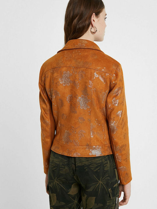 Desigual Astrid Women's Short Biker Artificial Leather Jacket for Winter Orange