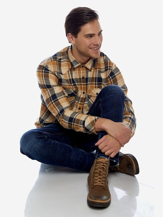 Long-sleeved Cotton Shirt Checked Ochre