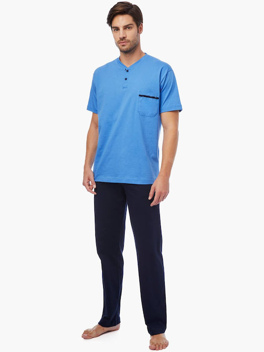 Minerva Men's Summer Cotton Pajamas Set Blue