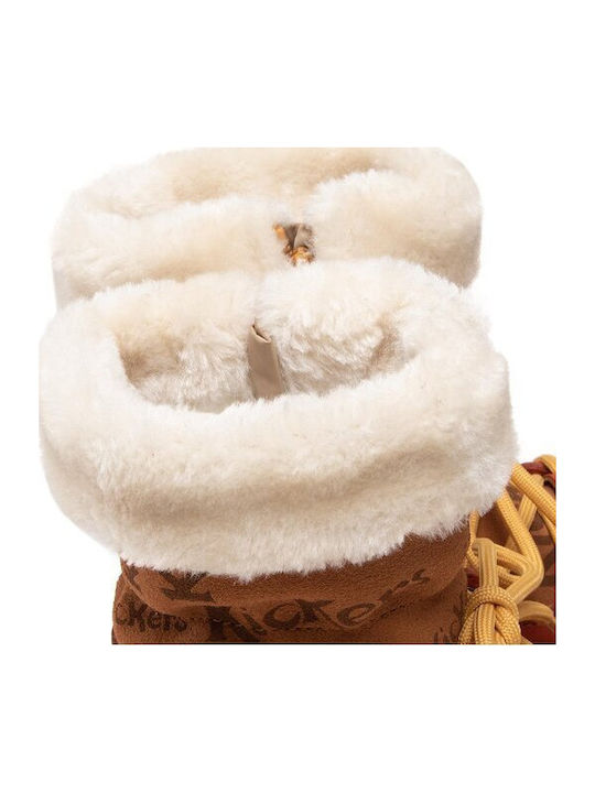 Leather Kids Snow Boots with Laces Tabac Brown