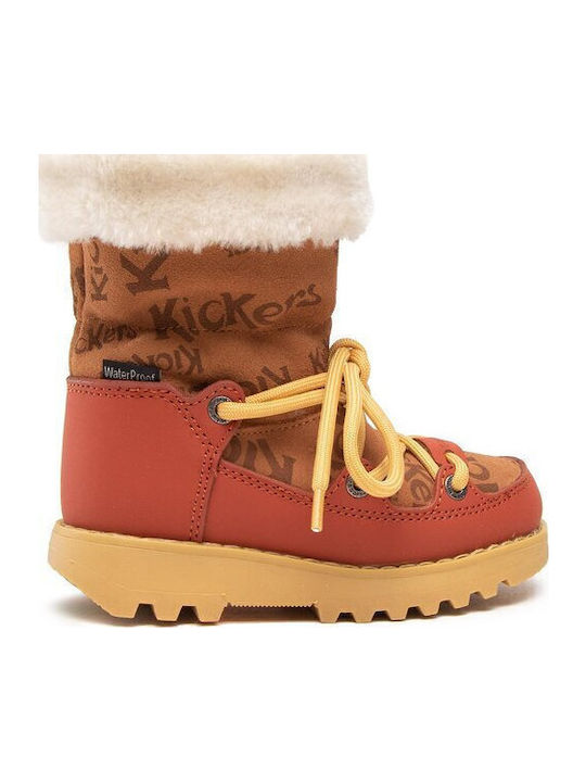 Leather Kids Snow Boots with Laces Tabac Brown
