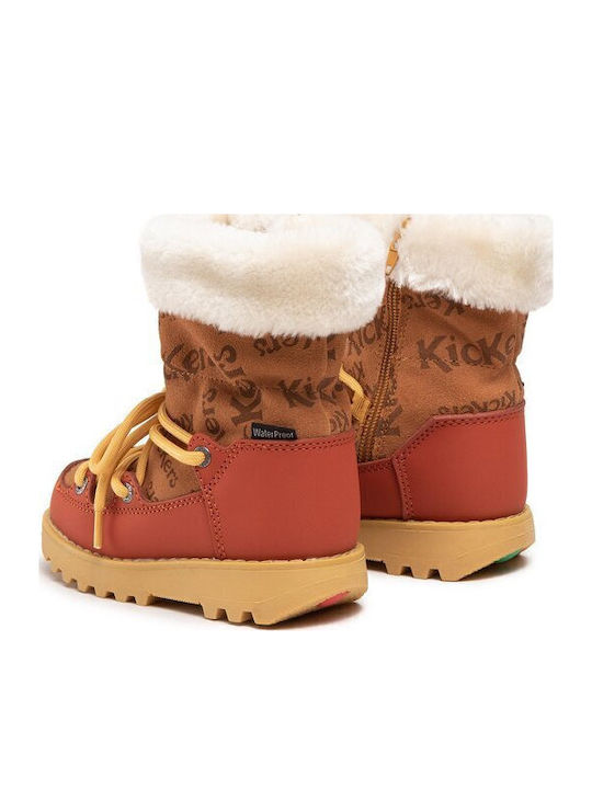 Leather Kids Snow Boots with Laces Tabac Brown