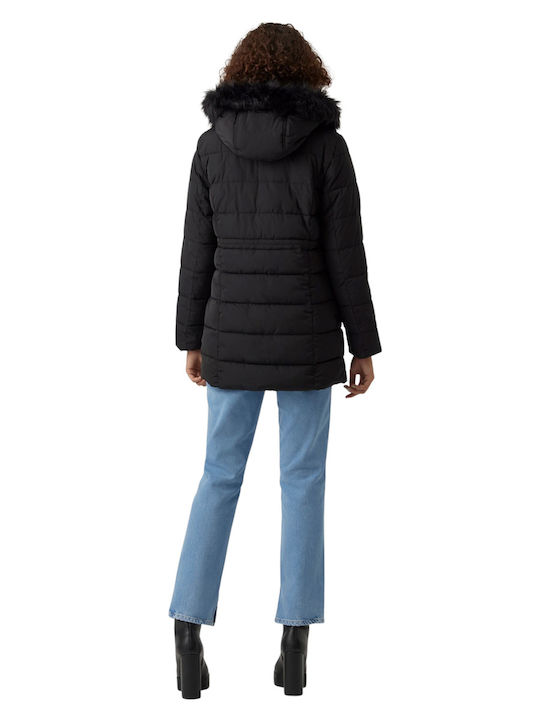 Vero Moda Lang Damen Puffer Jacke mit pelziger Kapuze für Winter Schwarz