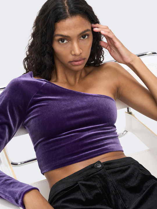 Women's Crop Top Off-Shoulder Velvet with One Shoulder Purple