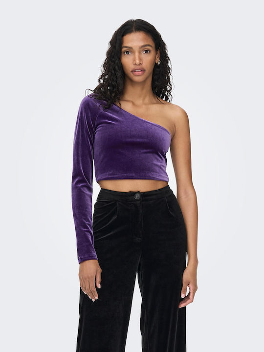 Women's Crop Top Off-Shoulder Velvet with One Shoulder Purple