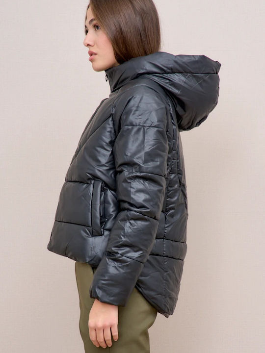 Women's Short Puffer Artificial Leather Jacket for Winter with Hood Black