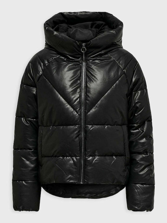 Women's Short Puffer Artificial Leather Jacket for Winter with Hood Black