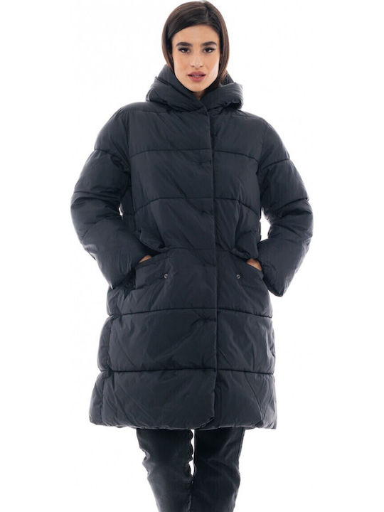 Women's Long Puffer Jacket for Winter with Hood Black