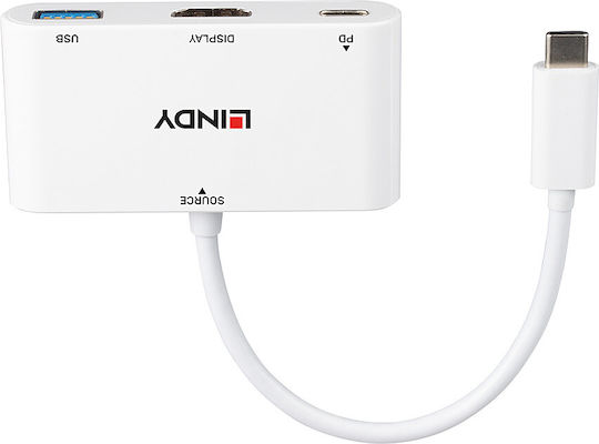 Lindy Μετατροπέας USB-C male σε HDMI / USB-A / USB-C female Λευκό 1τμχ 43340